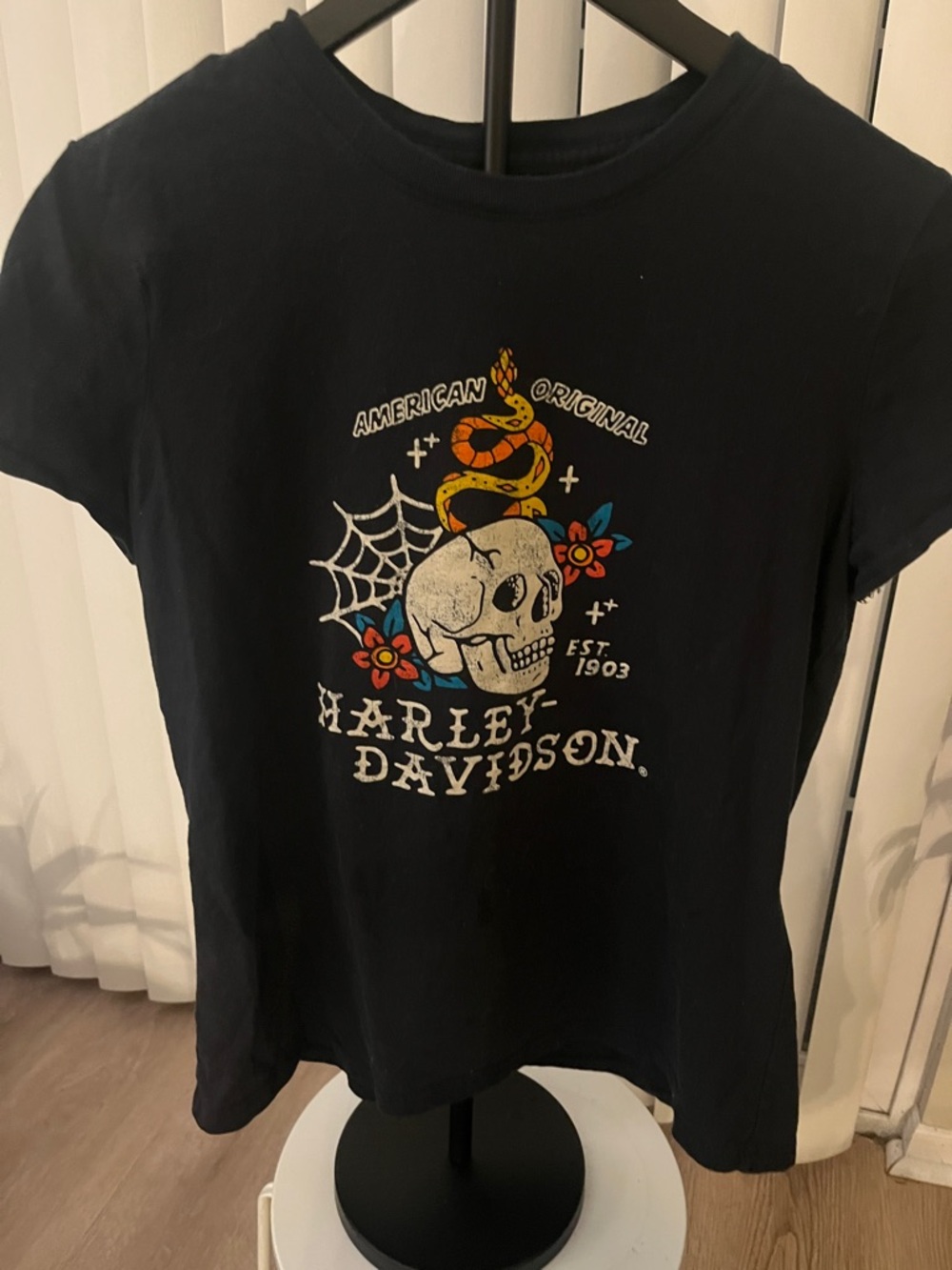 Harley-Davidson Black Tee with Skull, Snake & Floral Graphic